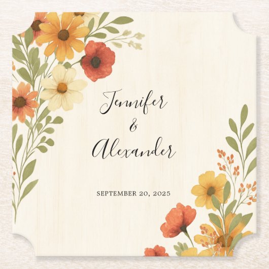 独自の素朴な水の色のフローラ結婚の ペーパーコースター (正面)