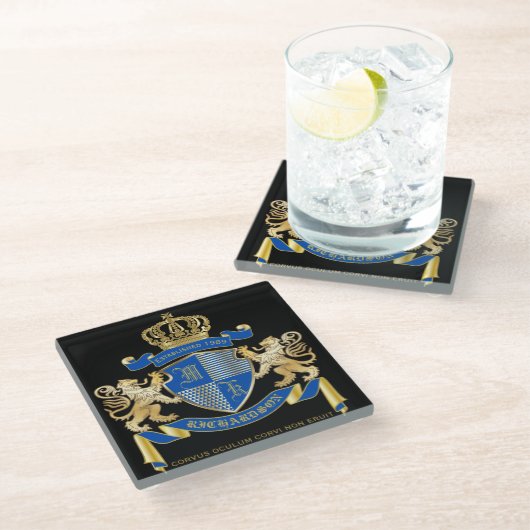 独自の腕のコートを作る青い金ゴールドの紋章 ガラスコースター (アングル)
