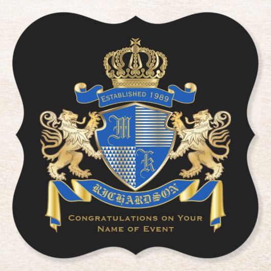 独自の腕のコートを作る青い金ゴールドの紋章 ペーパーコースター (正面)