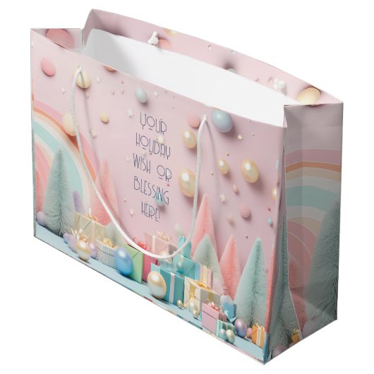 独自の虹のクリスマスツリーとプレゼントを作成 ラージペーパーバッグ (裏面アングル)