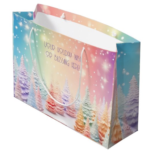 独自の虹のクリスマスツリーの森を作成 ラージペーパーバッグ (裏面アングル)