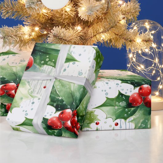 独自の赤いホリエレガントーと雨滴を作成 ラッピングペーパー (クリスマス)