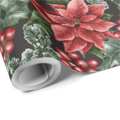 独自の赤いポインセチアとホリーを作成 ラッピングペーパー (ロールコーナー)