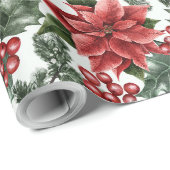 独自の赤いポインセチアとホリーホワイトを作成 ラッピングペーパー (ロールコーナー)