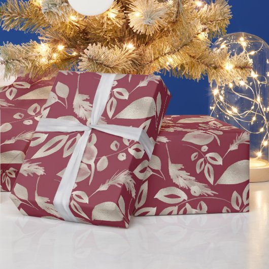 独自の赤とエレガント金ゴールドの葉を作成 ラッピングペーパー (クリスマス)