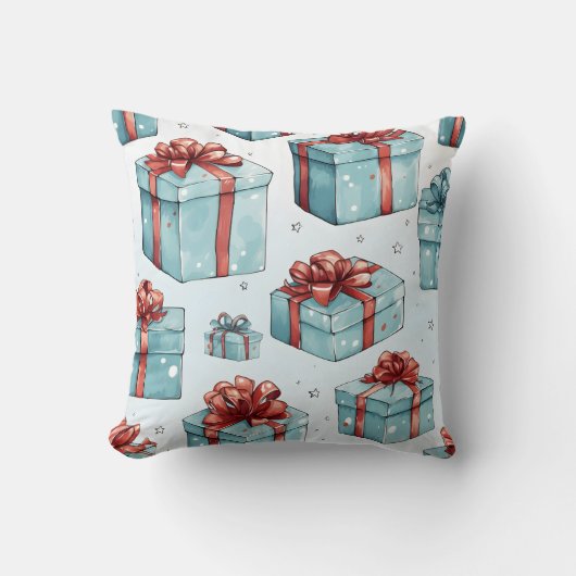 独自の赤と青のボックスと弓を作成 クッション (正面)