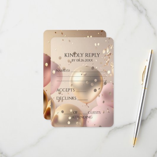 独自の金ゴールド&ピンクバルーンを作成する 出欠カード (正面/裏面インサイチュ)