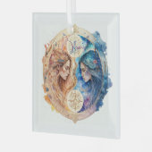 独自の金ゴールド&ブルーミスティックジェミニ〔占星術の〕十二宮図を作成 ガラスオーナメント (正面左)