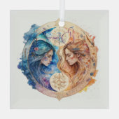 独自の金ゴールド&ブルーミスティックジェミニ〔占星術の〕十二宮図を作成 ガラスオーナメント (裏面)