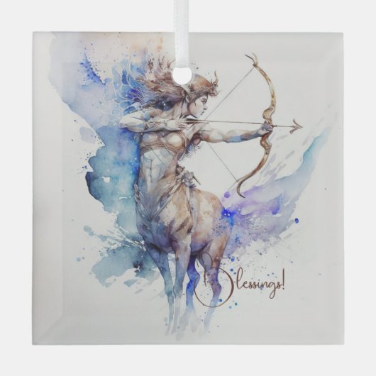 独自の金ゴールド&ブルー射手座〔占星術の〕十二宮図の作成 ガラスオーナメント (正面)