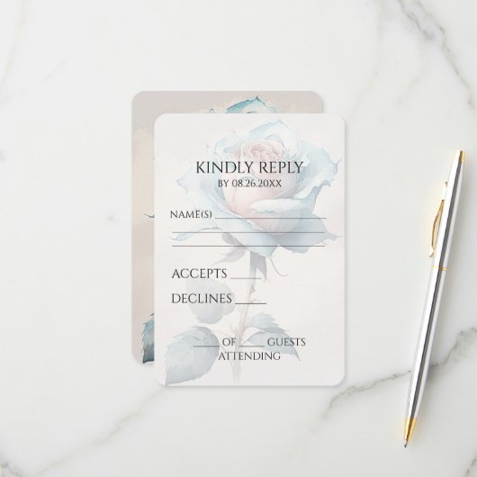 独自の青いヴィンテージ水カラーバラの作成 出欠カード (正面/裏面インサイチュ)