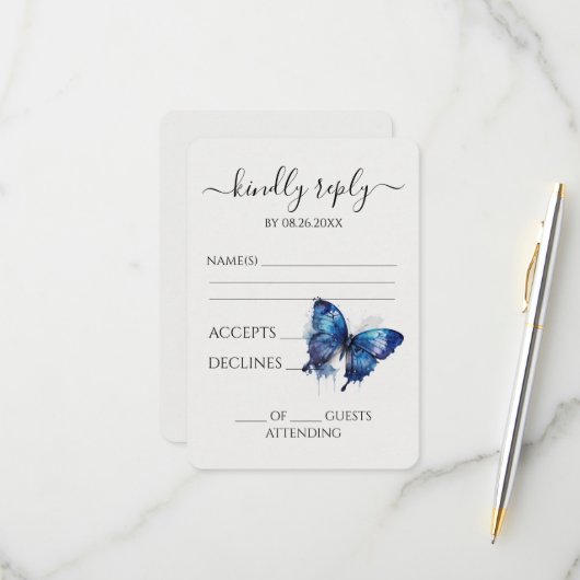 独自の青い水の色の絵を描バタフライを作成 出欠カード (正面/裏面インサイチュ)