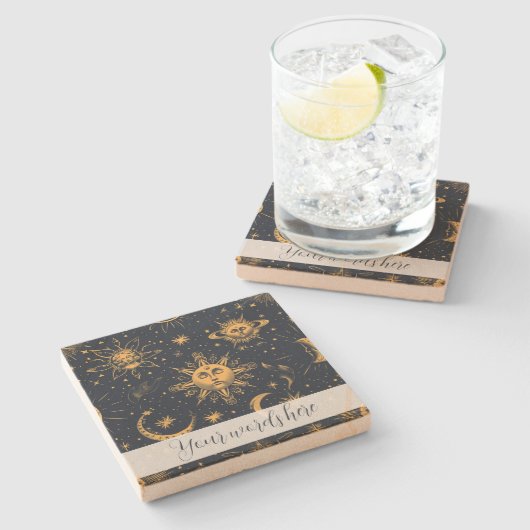 独自の青い金ゴールド天月と星を作成 ストーンコースター (横)