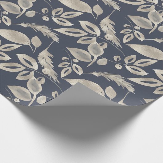 独自の青とエレガント金ゴールドの葉を作成 ラッピングペーパー (角)
