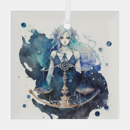 独自の青とティール(緑がかった色)ライブラリ〔占星術の〕十二宮図の作成 ガラスオーナメント (裏面)