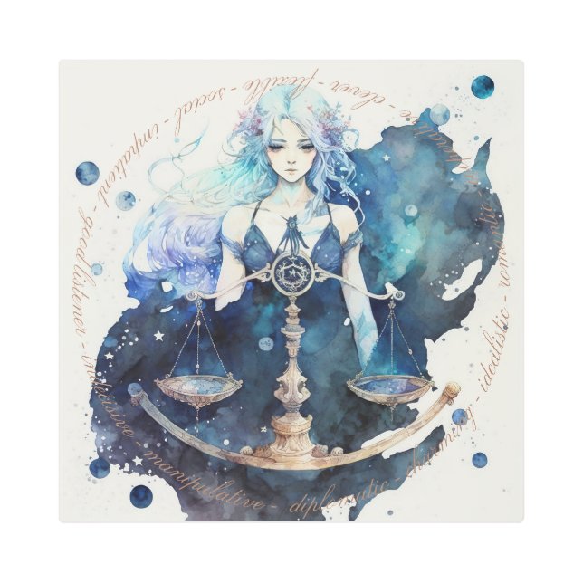 独自の青とティール（緑がかった色）ライブラリ〔占星術の〕十二宮図の作成 メタルプリント (正面)