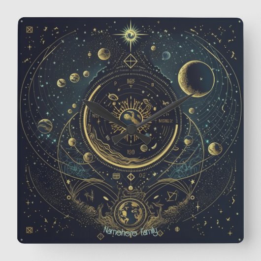 独自の青と金ゴールドの天空グラフを作成する スクエア壁時計 (正面)