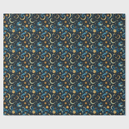 独自の青と金ゴールドの太陽の月&星を作成 ラッピングペーパー (フラット)