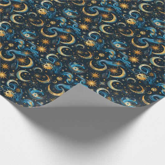 独自の青と金ゴールドの太陽の月&星を作成 ラッピングペーパー (角)
