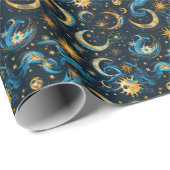 独自の青と金ゴールドの太陽の月&星を作成 ラッピングペーパー (ロールコーナー)