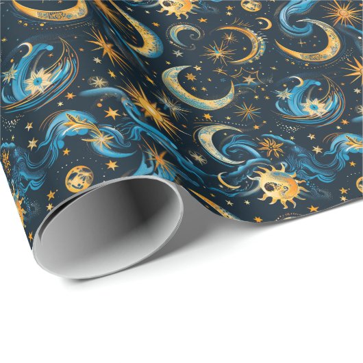 独自の青と金ゴールドの太陽の月&星を作成 ラッピングペーパー (ロールコーナー)