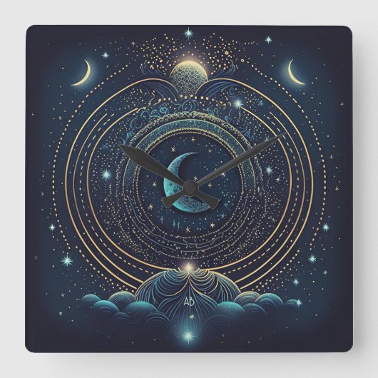 独自の青と金ゴールド月面を作成 スクエア壁時計 (正面)