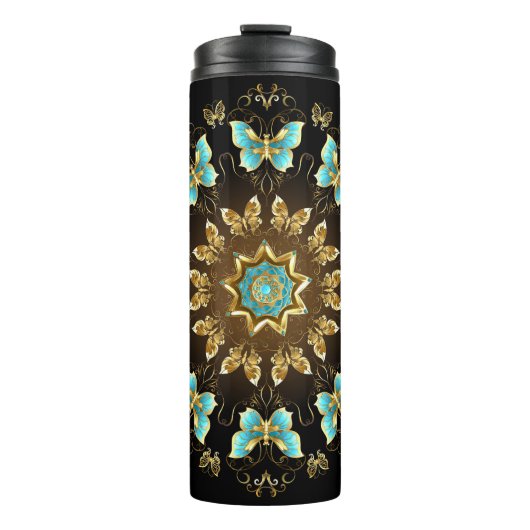 独自の青と金ゴールド蝶マンダラを作成 タンブラー (正面)