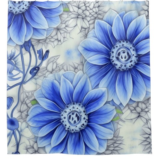 独自の青カスタムい花お洒落を作成 シャワーカーテン (正面)