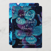 独自の青鮮やかと紫の花を作成 招待状 (正面/裏面)