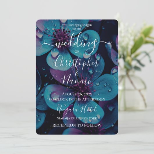 独自の青鮮やかと紫の花を作成 招待状 (スタンド正面)