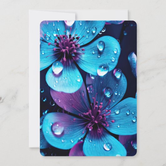 独自の青鮮やかと紫の花を作成 招待状 (裏面)