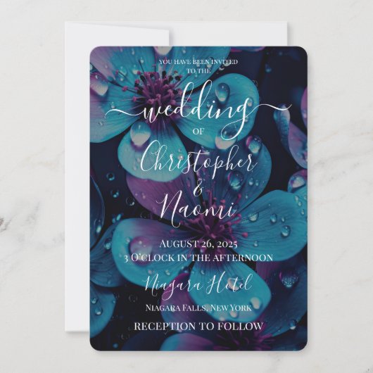 独自の青鮮やかと紫の花を作成 招待状 (正面)