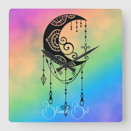 独自の魅力的なボーホムーンシルエットを作成 スクエア壁時計 (正面)