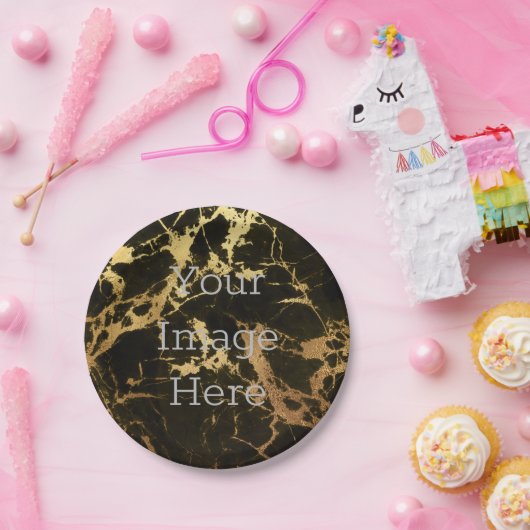 独自の黒+金ゴールドホイルフェイク大理石を作成 ペーパープレート (パーティー)