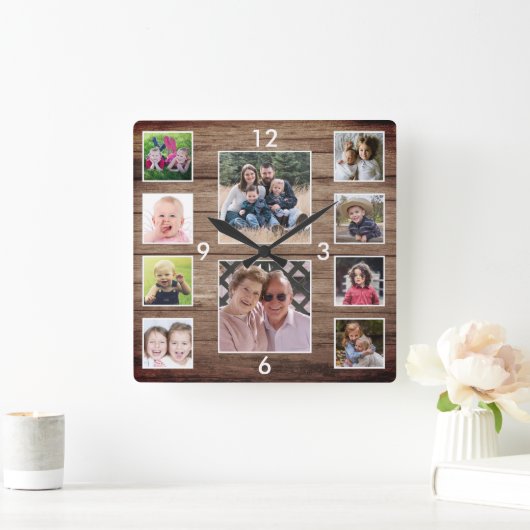 独自の10フォトコラージュの木材を作素朴成 スクエア壁時計 (ホーム)