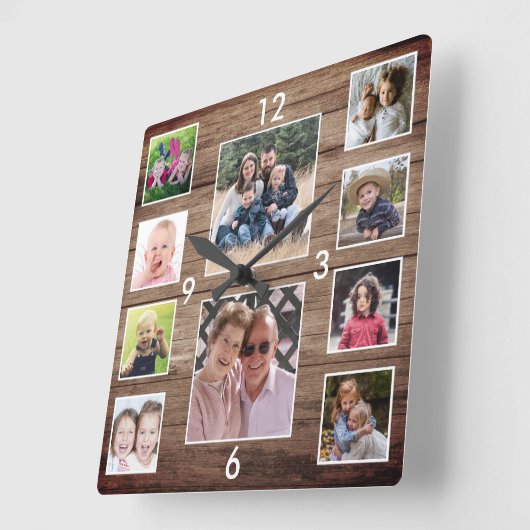 独自の10フォトコラージュの木材を作素朴成 スクエア壁時計 (傾斜)