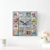 独自の12フォトコラージファミリー引用文木材の作成 スクエア壁時計 (ホーム)