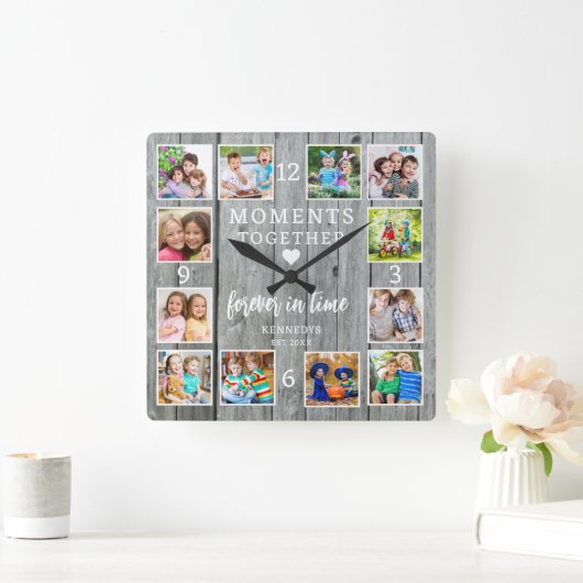 独自の12フォトコラージファミリー引用文木材の作成 スクエア壁時計 (ホーム)