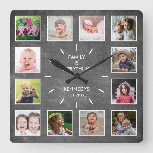 独自の12フォトコラージュのフレームシャルボードを作成する スクエア壁時計 (正面)