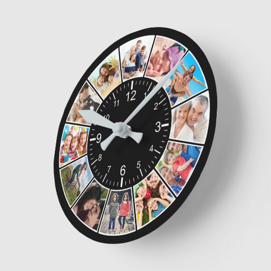 独自の12フォトコラージュカスタムファミリーを作成する ラウンド壁時計 (傾斜)