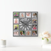 独自の12家族のフォトコラージンググレーを作成 スクエア壁時計 (ホーム)