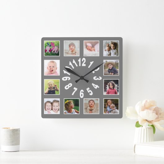 独自の12家族のフォトコラージンググレーを作成 スクエア壁時計 (ホーム)