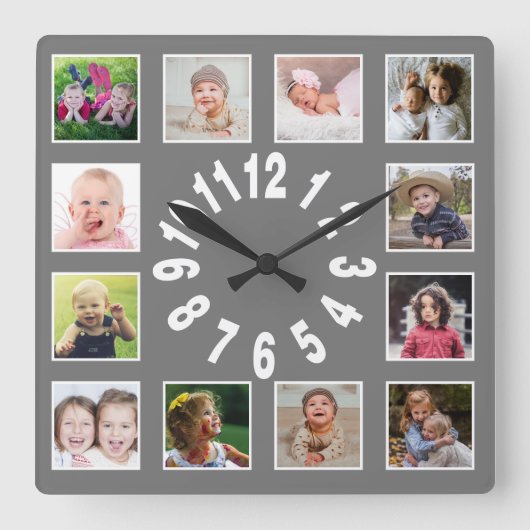 独自の12家族のフォトコラージンググレーを作成 スクエア壁時計 (正面)