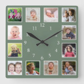 独自の12家族の写真コラージュを作成する緑 スクエア壁時計 (正面)