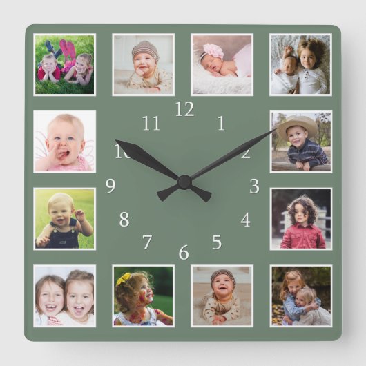独自の12家族の写真コラージュを作成する緑 スクエア壁時計 (正面)