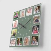 独自の12家族の写真コラージュを作成する緑 スクエア壁時計 (傾斜)