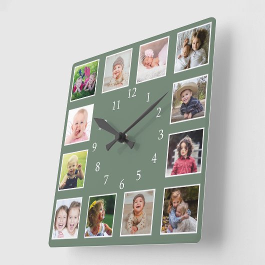 独自の12家族の写真コラージュを作成する緑 スクエア壁時計 (傾斜)
