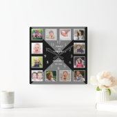 独自の12家族の写真コラージュを作成グレーブラック スクエア壁時計 (ホーム)