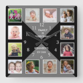 独自の12家族の写真コラージュを作成グレーブラック スクエア壁時計 (正面)