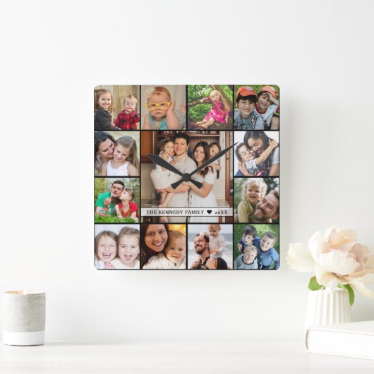 独自の13フォトコラージファミリー名を作成する スクエア壁時計 (ホーム)